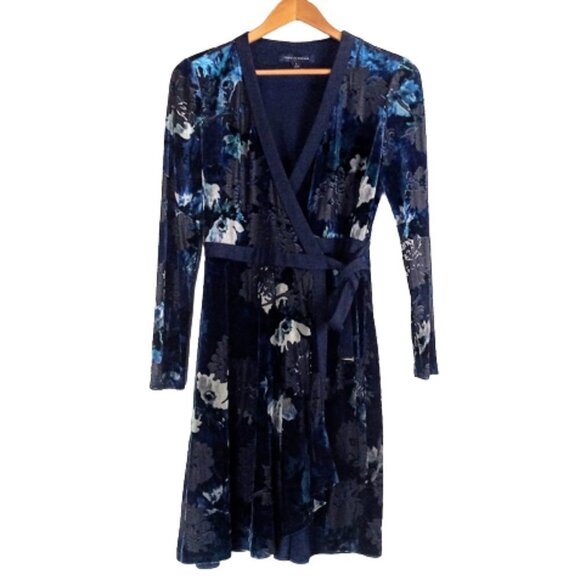 Tommy Hilfiger Blue Grey Velvet Burnout Wrap Dress - Picture 1 of 5